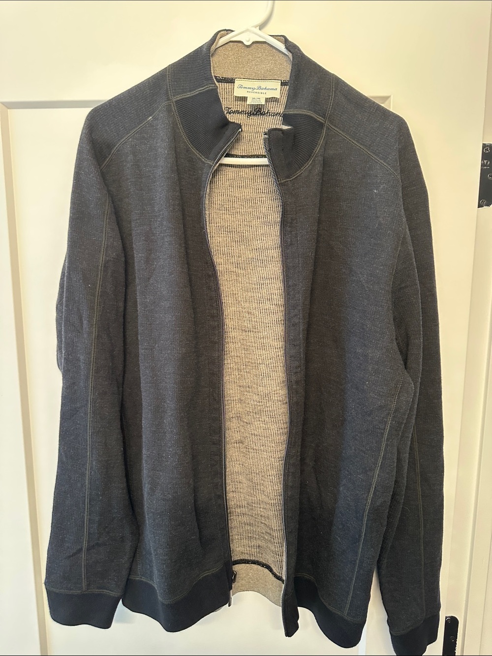 Tommy Bahama Men's Zip Sweater - Dark Blue with Light Gray Trim